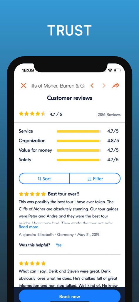 더블린 여행 가이드 앱 화면, 모허 절벽에 대한 고객 리뷰 및 투어 평점 표시