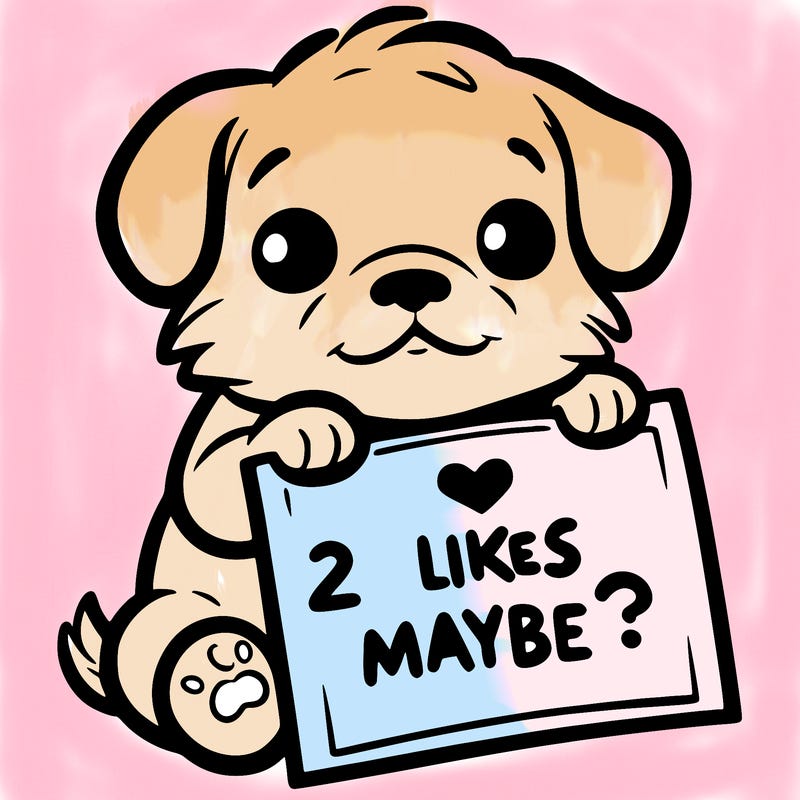 a puppy holding a sign that says 2 likes maybe?