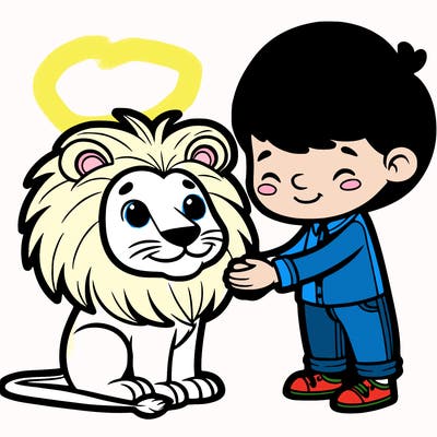 a boy being nice to a lion