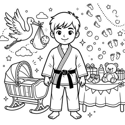 Get ready to celebrate a special arrival with this charming Judoka Baby Shower coloring page. It features an adorable judoka amidst sweet baby items, perfect for a unique and heartfelt coloring experience.