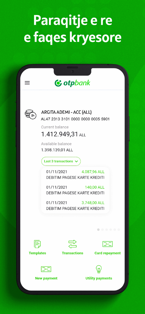 OTP Bank Albania - OTP Bank Albania mobile app dashboard displaying account balance and transaction history
