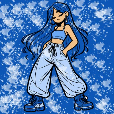 girl in baggy pants crop top and long hair