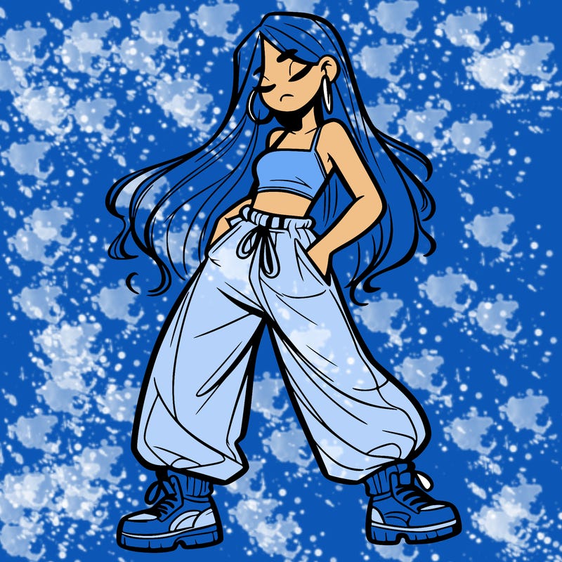 girl in baggy pants crop top and long hair