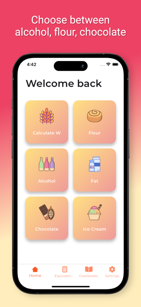 Pocket Chef - Recipes keeper - Pocket Chef app home screen showing culinary calculation categories for flour, alcohol, fat, and chocolate