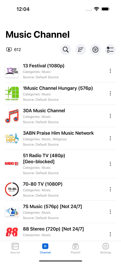IPTV Cast - IPTV Cast app interface showing a list of music channels with resolution details