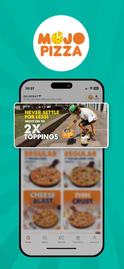 MOJO Pizza: Food Delivery App - Interface de l'application mobile MOJO Pizza affichant une bannière promotionnelle pour des garnitures doublées sur un iPhone.