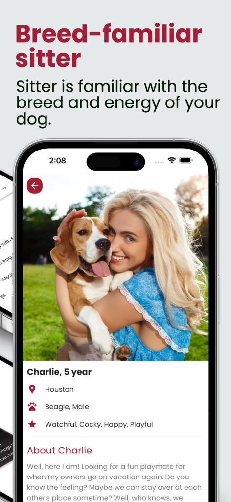 Écran de l'application WoofConnect montrant un profil de chien Beagle avec un gardien familier de la race