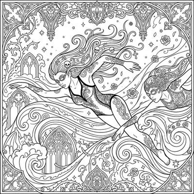 Discover a unique artistic blend with our Gothic Freestyle Swimmers coloring page, where athletic grace meets dark, ornate beauty. Immerse yourself in a scene rich with Victorian lace, intricate patterns, and mysterious underwater elements, offering a sophisticated coloring experience.