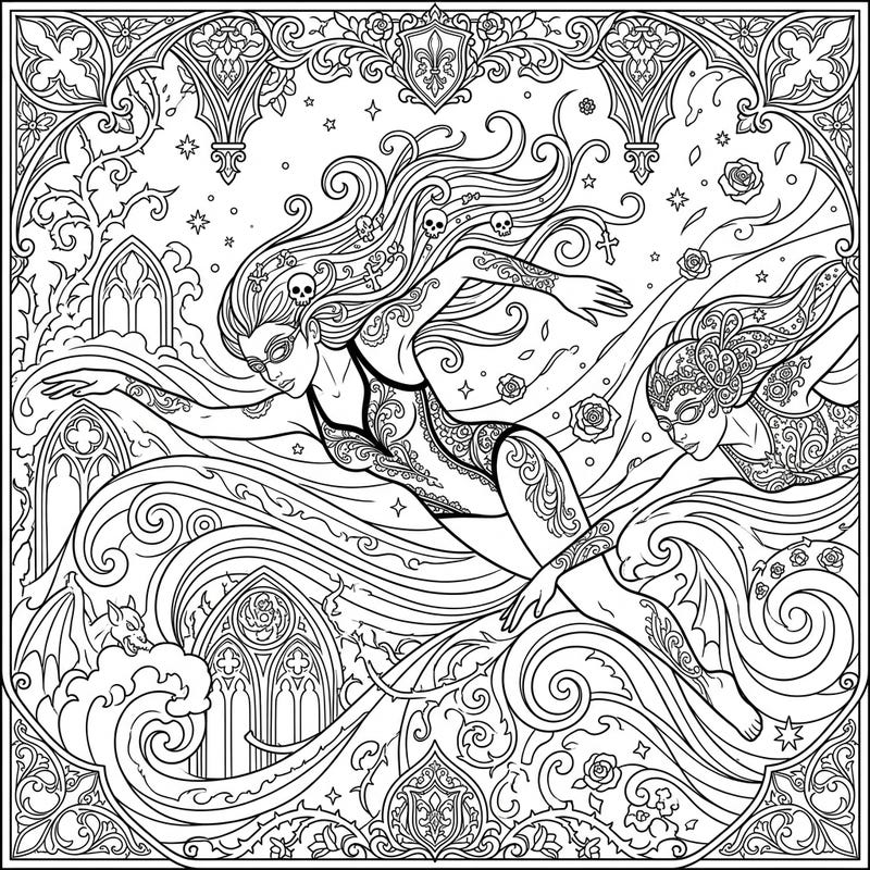 Discover a unique artistic blend with our Gothic Freestyle Swimmers coloring page, where athletic grace meets dark, ornate beauty. Immerse yourself in a scene rich with Victorian lace, intricate patterns, and mysterious underwater elements, offering a sophisticated coloring experience.