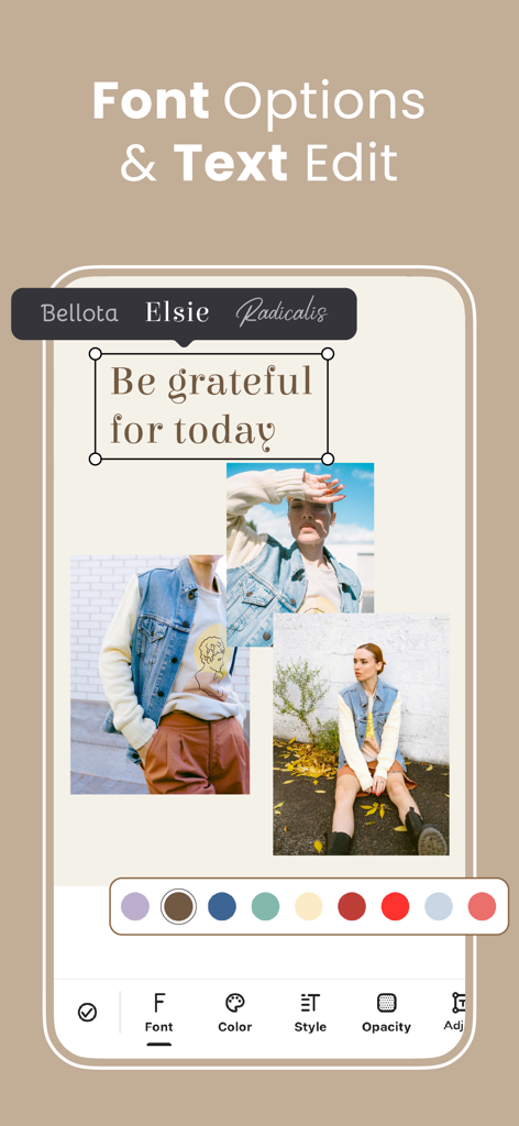 Interfaz de la aplicación PuzzleStar que muestra opciones de fuentes y funciones de edición de texto para un collage de Instagram.