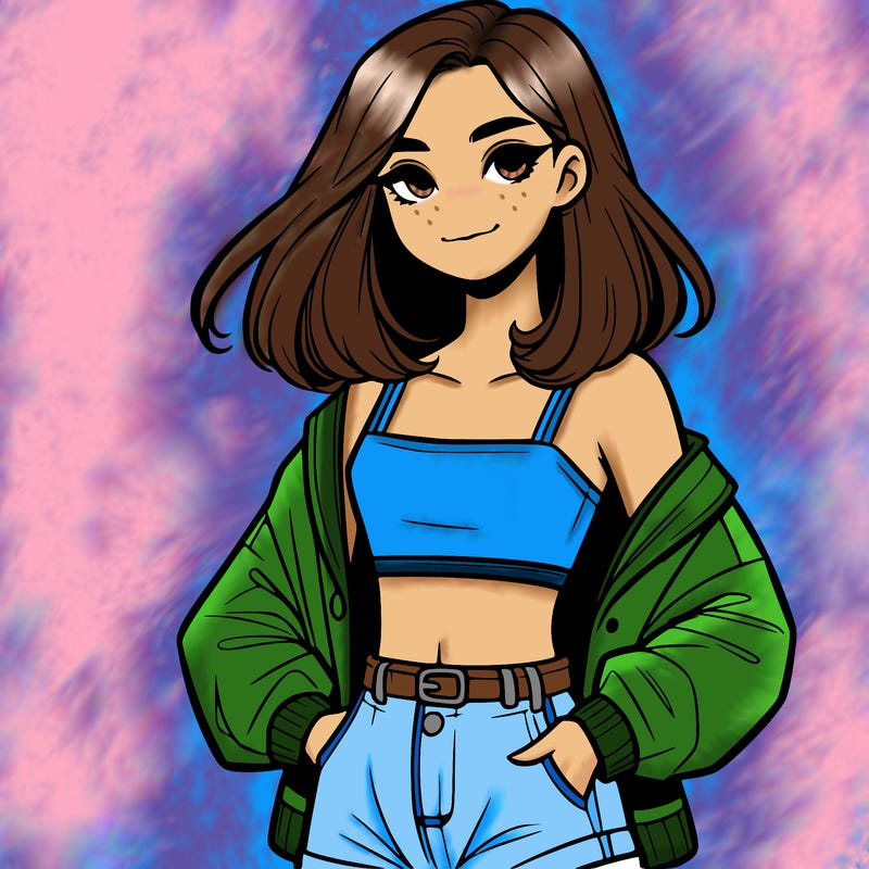 a realistic girl with a crop top and short shorts in an open jacket