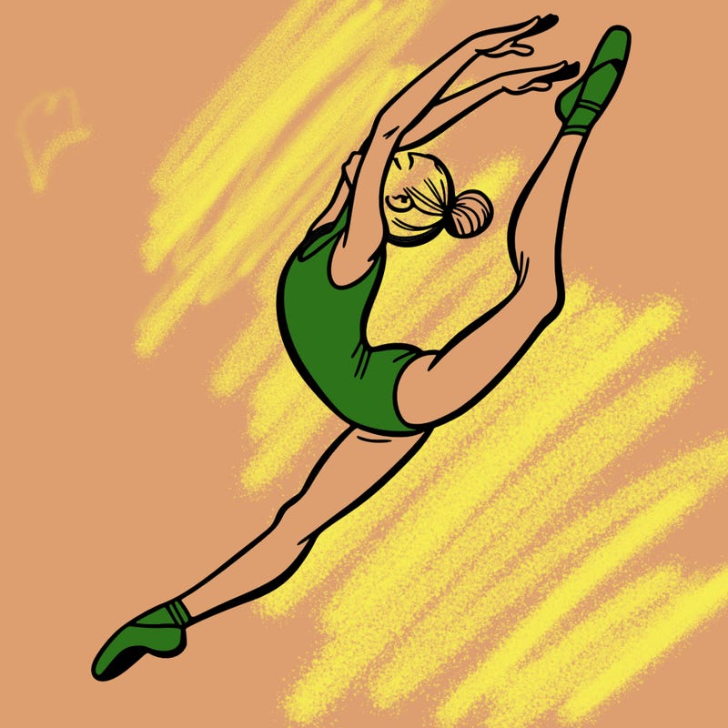 gymnast doing a leap in a leotard with a bent back leg
