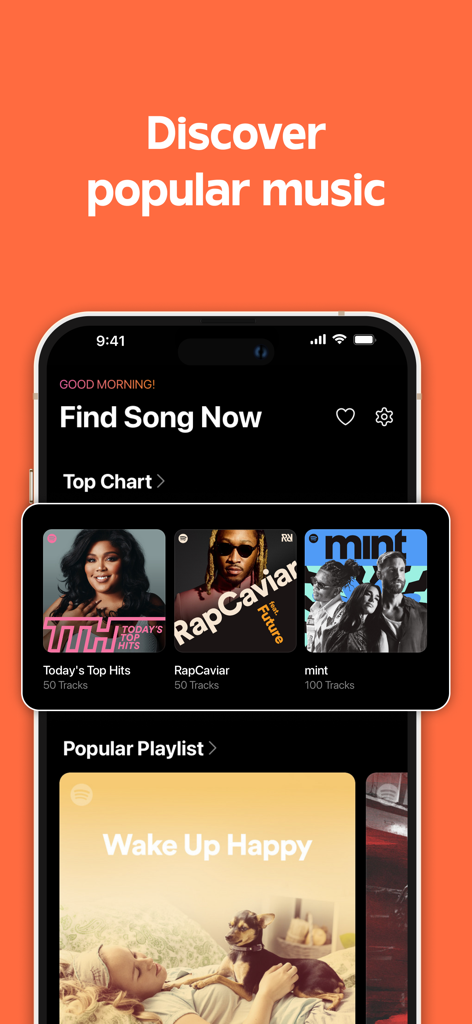 Song Finder : Music Identifier - Song Finder app screen displaying top charts and popular music playlists