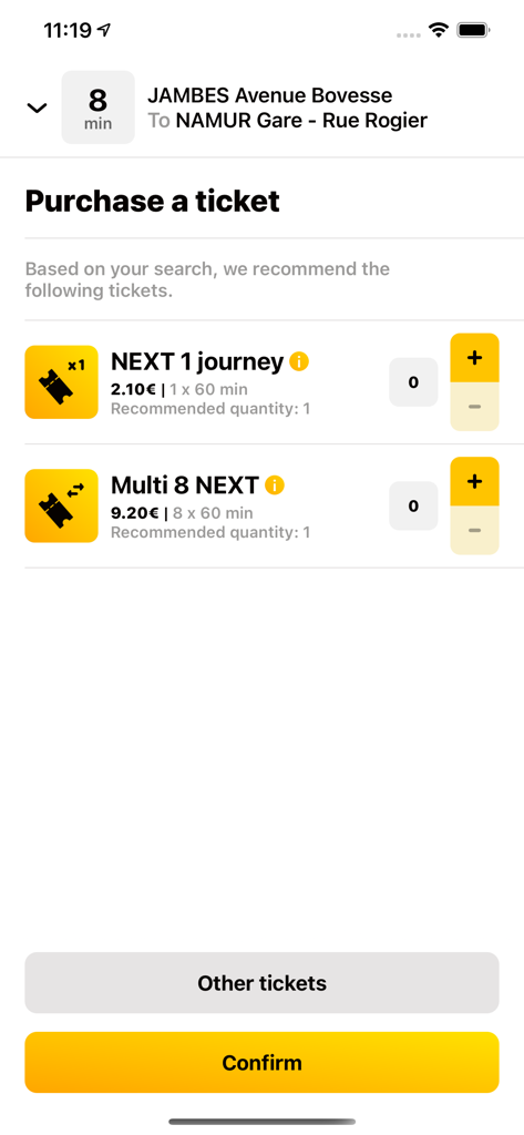 A mobile phone screen showing the TEC app interface for purchasing public transport tickets with options for single and multi-journey tickets.