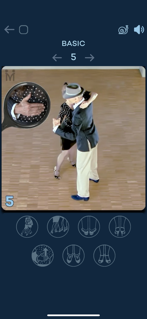 Milonga App interface showing a basic dance lesson with a focus on partner hand placement