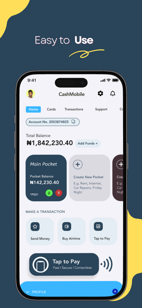 CashMobile app home screen showing account balance and tap to pay transaction options
