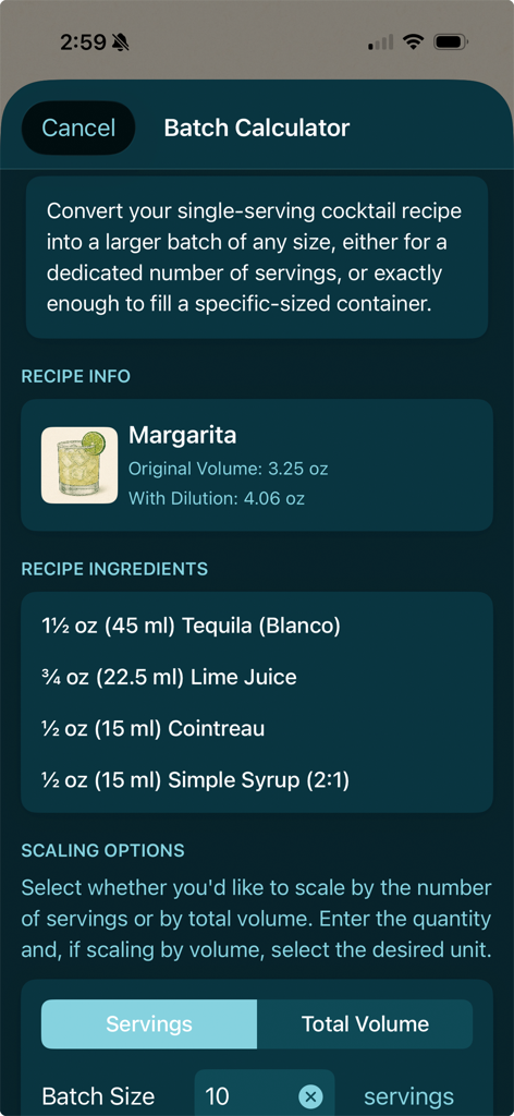 Oberfläche des Bevnap-App-Chargenrechners, die zeigt, wie ein Margarita-Rezept für zehn Portionen skaliert wird.