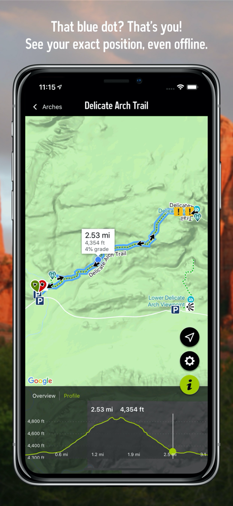 National Park Trail Guide - Smartphone screen showing offline GPS map and elevation profile for a hiking trail.