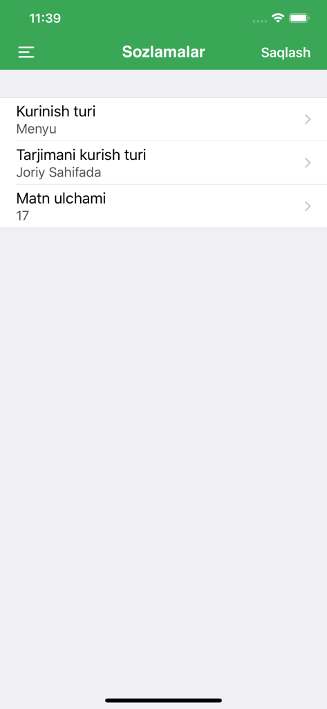 Settings interface of the Al Javohir dictionary app showing options for appearance and text size