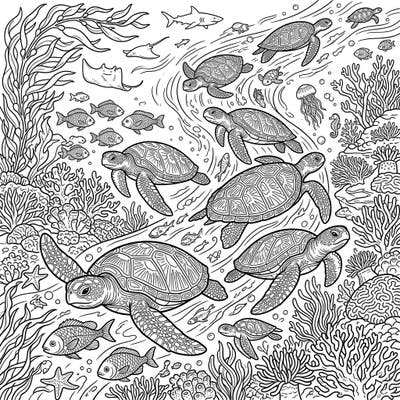 Join a captivating sea turtle migration with this intricate coloring page, specially designed for teens. Immerse yourself in a world of detailed marine life and majestic ocean travelers, offering hours of creative engagement.
