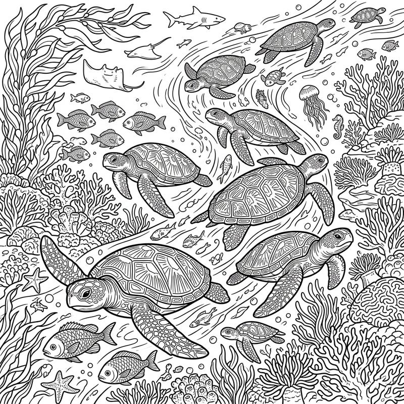 Join a captivating sea turtle migration with this intricate coloring page, specially designed for teens. Immerse yourself in a world of detailed marine life and majestic ocean travelers, offering hours of creative engagement.