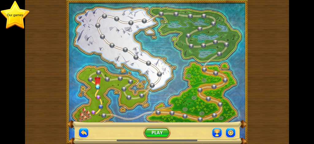 Gnomes Garden 1 - Mapa del mundo que muestra la progresión de niveles a través de diferentes paisajes de fantasía en Gnomes Garden 1