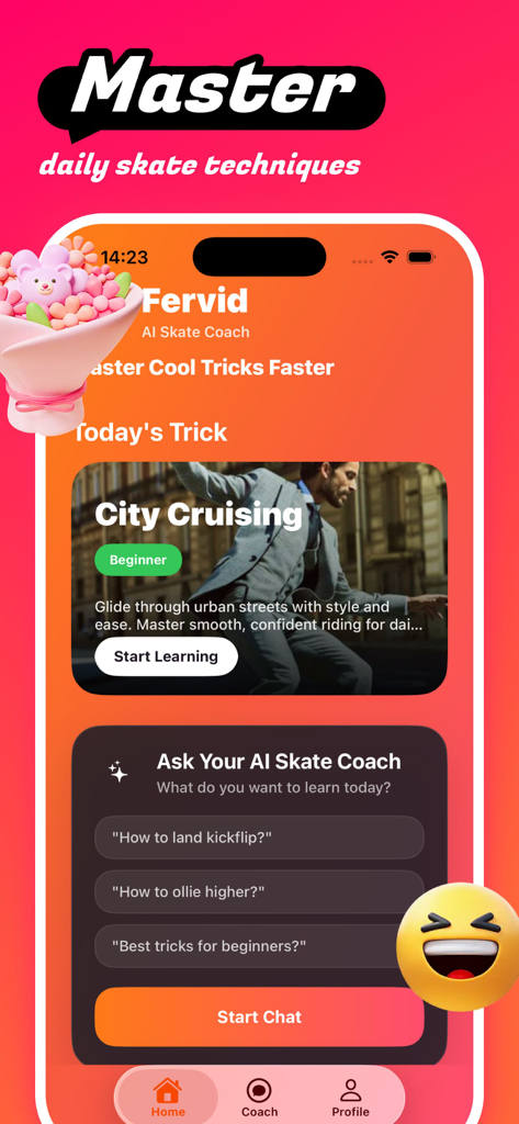 Fervid - Chat & Fun - The Fervid mobile app interface displaying a daily skate trick tutorial and an AI chat window for skateboarding tips.