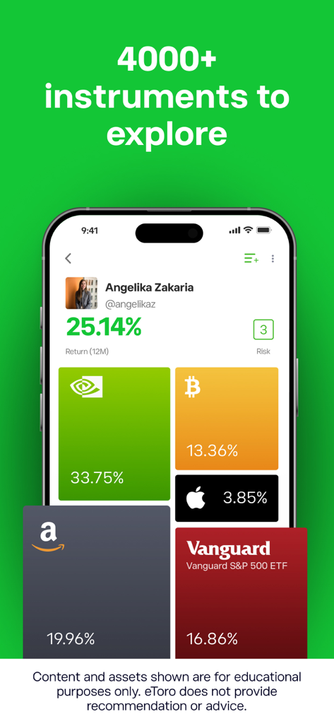 Mobile phone showing the eToro app interface with a diversified portfolio and the text 4000 plus instruments to explore