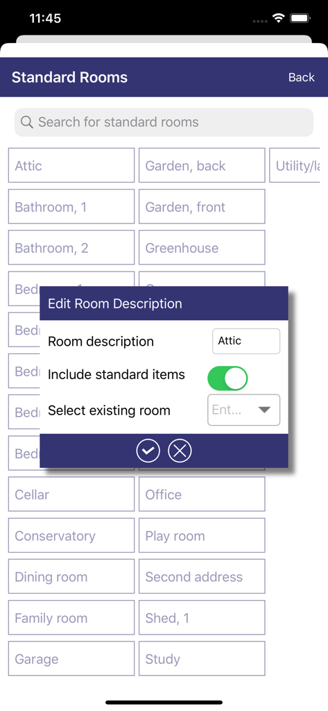 MoveMan Mobile app interface showing a list of standard rooms and an edit room description pop up window