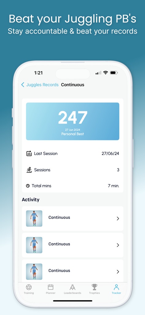 247 Football: Soccer Academy - Soccer juggling progress tracker screen showing personal bests and training activity