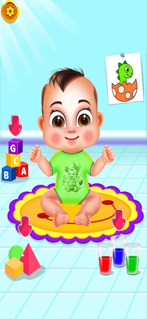 Cute Baby Sitter Daycare Games - A cute baby character sitting on a colorful rug with building blocks and toys