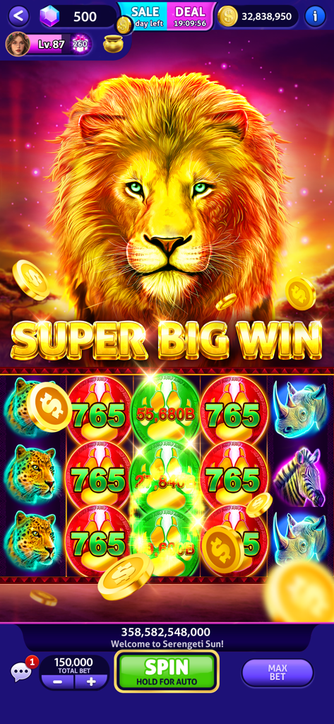 Super Big Win screen in the Serengeti Sun slot machine featuring a lion theme
