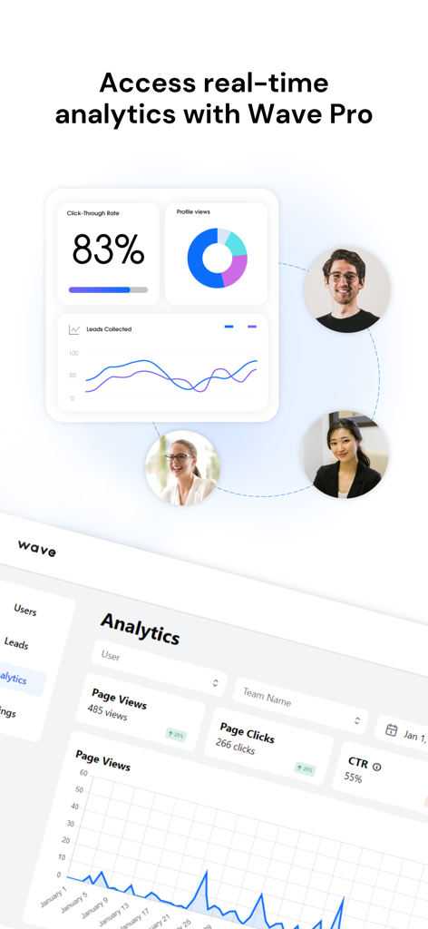 Wave: Digital Business Card - Wave digital business card app analytics dashboard showing profile views and lead generation metrics