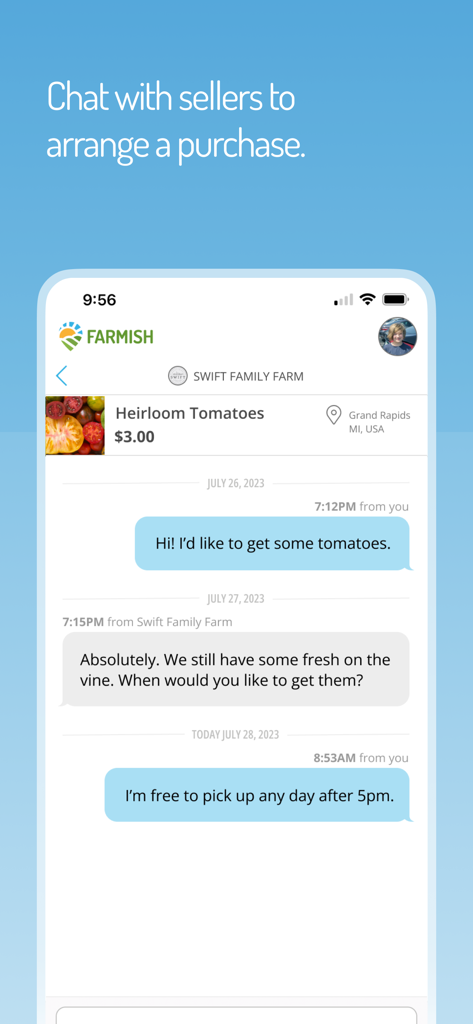 Farmish - Un écran de discussion dans l'application Farmish montrant une conversation entre un acheteur et un vendeur local pour organiser l'achat de tomates anciennes.