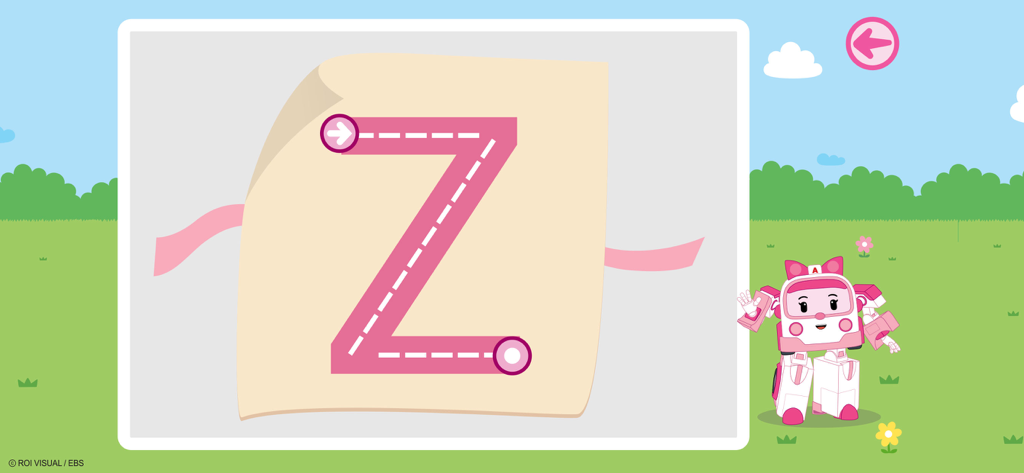 Robocar Poli New Adventures - Amber from Robocar Poli next to a letter Z tracing activity