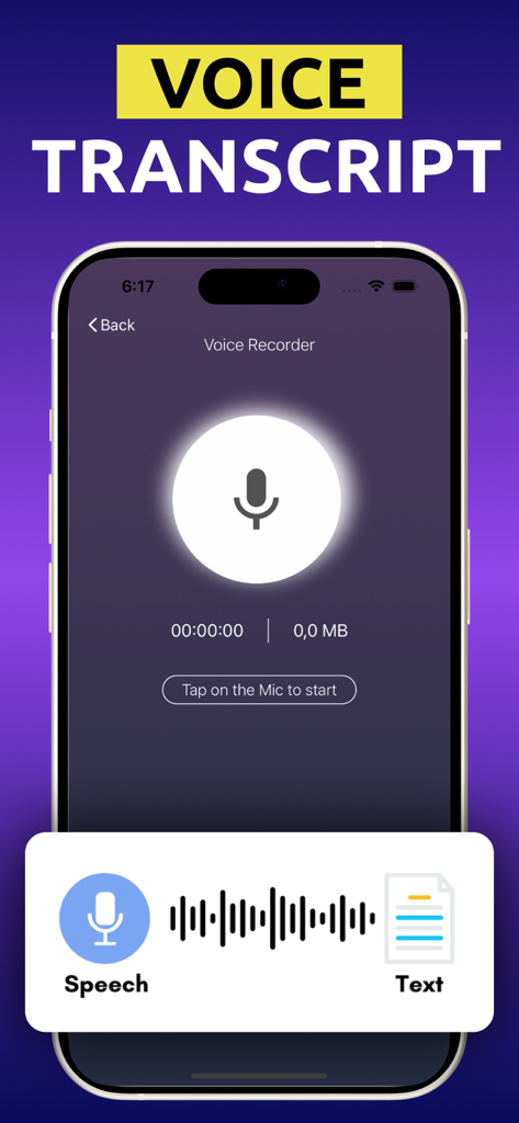 Interface of the Voice Recorder app showing voice recording and speech to text conversion features