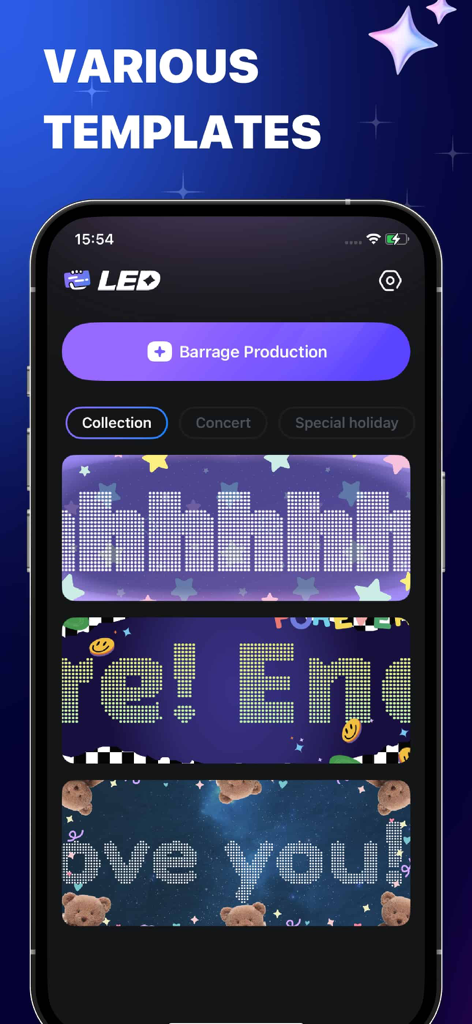 LED - LED Banner - Uma interface de aplicativo móvel exibindo uma variedade de modelos de banner LED de rolagem.