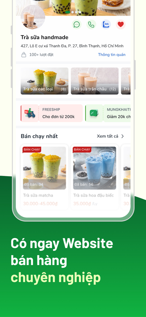 Sổ Bán Hàng: Quản lý toàn diện - Screenshot dell'app mobile che mostra un sito web di vendita online professionale per un'attività di bubble tea con categorie di prodotti e banner promozionali