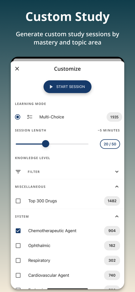 PSI Test Prep - PSI Test Prep app interface showing options to customize a study session by length and topic