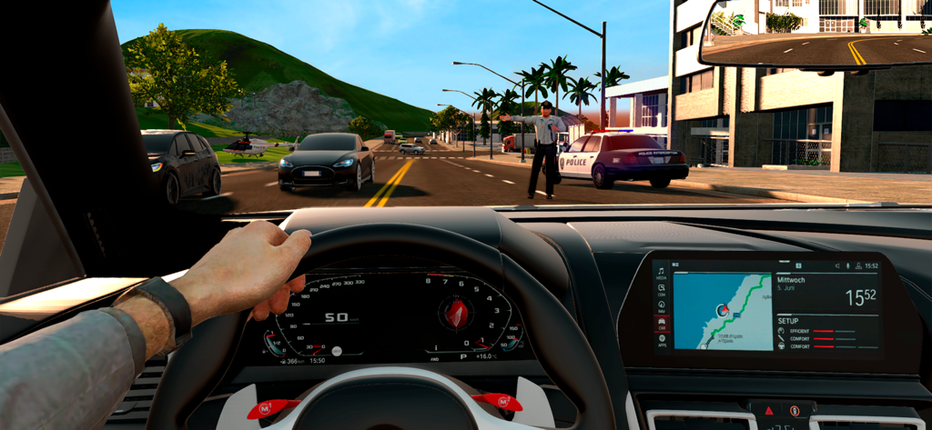 Car Driving 2024 : Racing Game - Vista en primera persona de un interior de coche y salpicadero realista en un simulador de conducción con un policía en la carretera