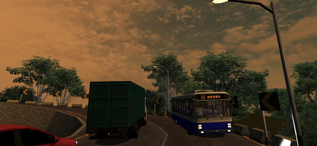 乗務員シミュレーター3 【乗務員Sim3】 路線バス編 - A blue Japanese route bus driving on a winding mountain road behind a truck during sunset in Crew Simulator 3