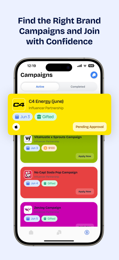 A list of influencer brand campaigns on the Campus Creator Club mobile app