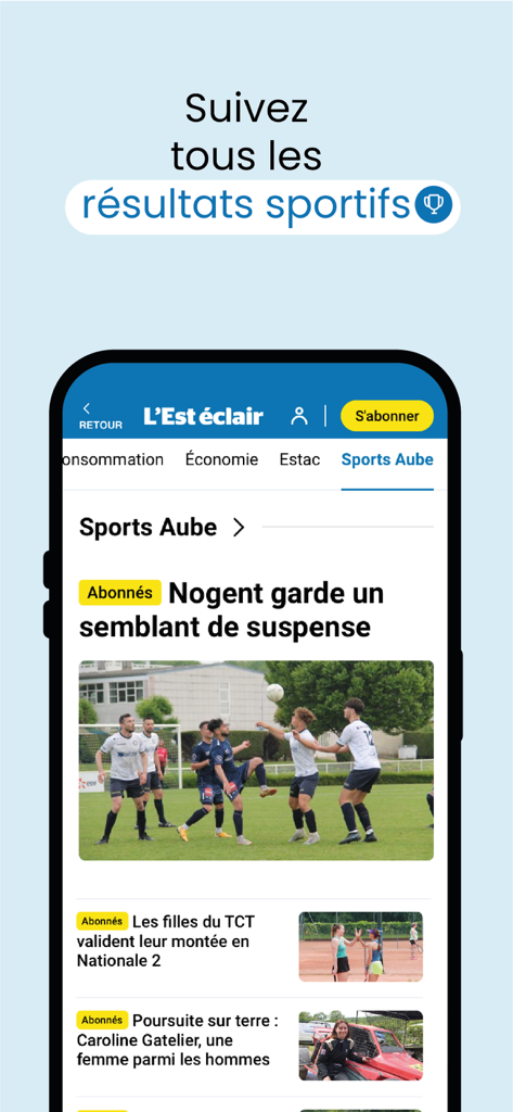 L'Est eclair mobile app displaying local sports news and results for the Aube region