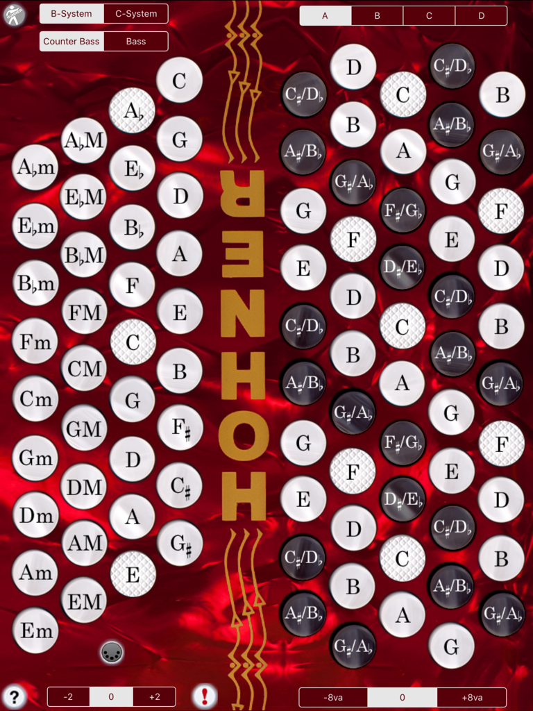 Hohner Chromatic MIDI - Interfaz de la aplicación Hohner Chromatic MIDI mostrando una disposición roja de botones de acordeón con opciones de configuración de sistemas B y C