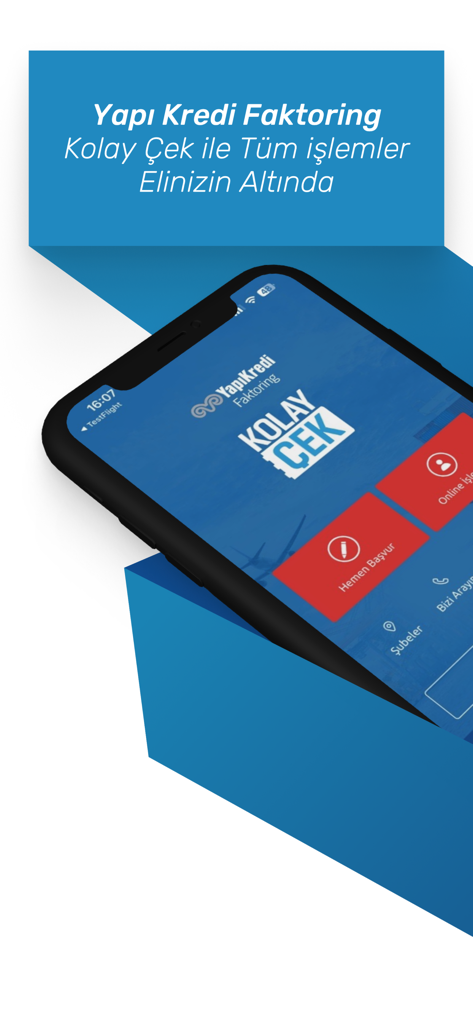 Kolay Çek - Smartphone-Bildschirm, der die Kolay Cek Finance App-Oberfläche von Yapi Kredi Faktoring anzeigt