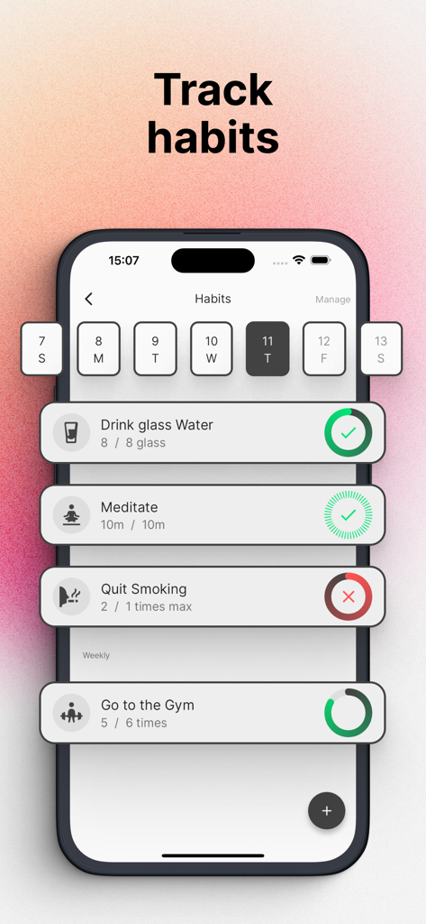 Interfaz de seguimiento de hábitos en la aplicación Bullet Journal que muestra objetivos diarios de agua, meditación y ejercicio con iconos de progreso.