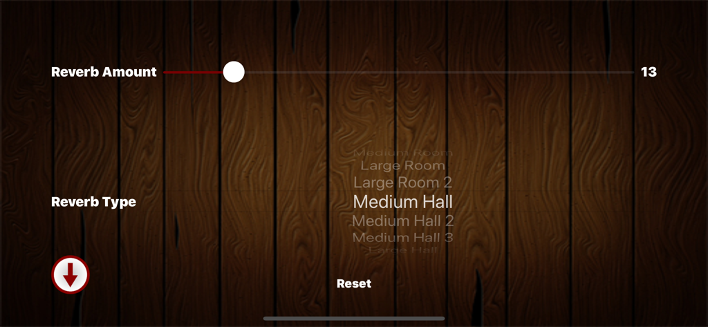 Reverb effect settings interface in the Mezquite Piano Accordion app with wooden background