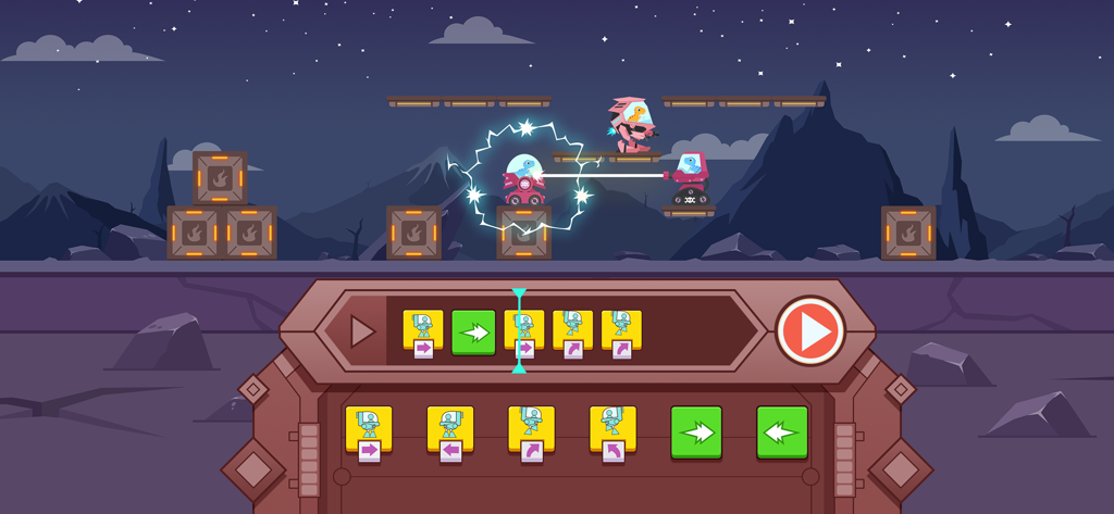 Une capture d'écran de Dinosaur Coding 2 montrant une bataille de méchas la nuit et une interface de programmation par blocs pour les enfants.