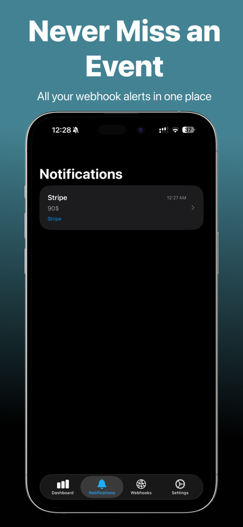 PushHook - Webhook Alerts App - PushHook app notifications screen showing a Stripe payment alert on an iPhone