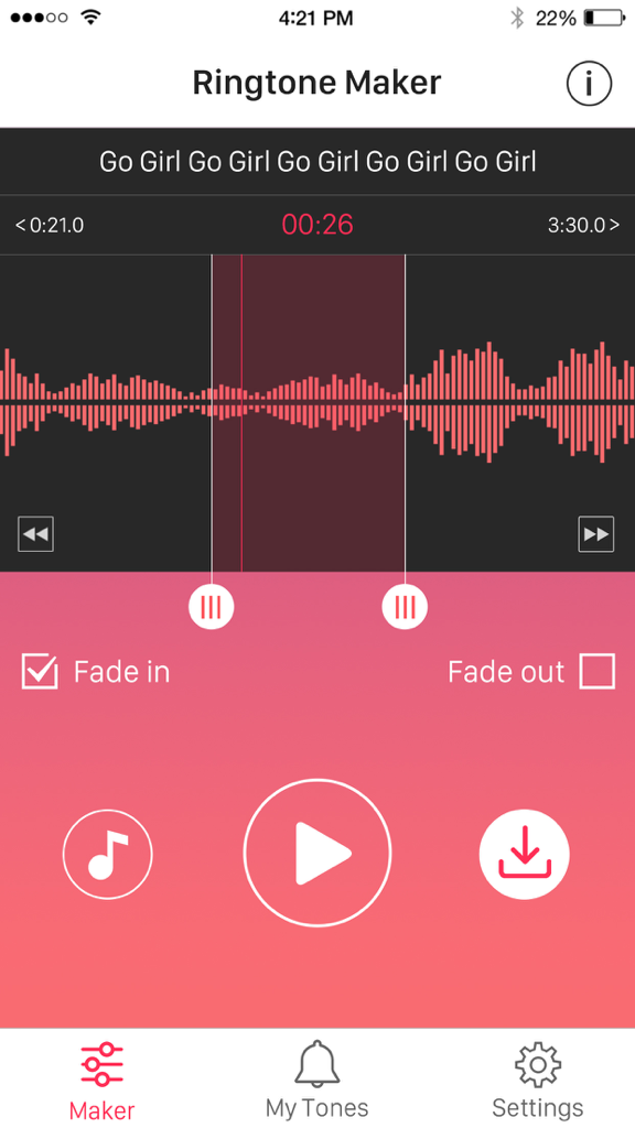 Ringtone Maker – create ringtones with your music - Interfaz de la aplicación móvil de Creador de Tonos que muestra una forma de onda de audio y herramientas de edición de música para tonos personalizados
